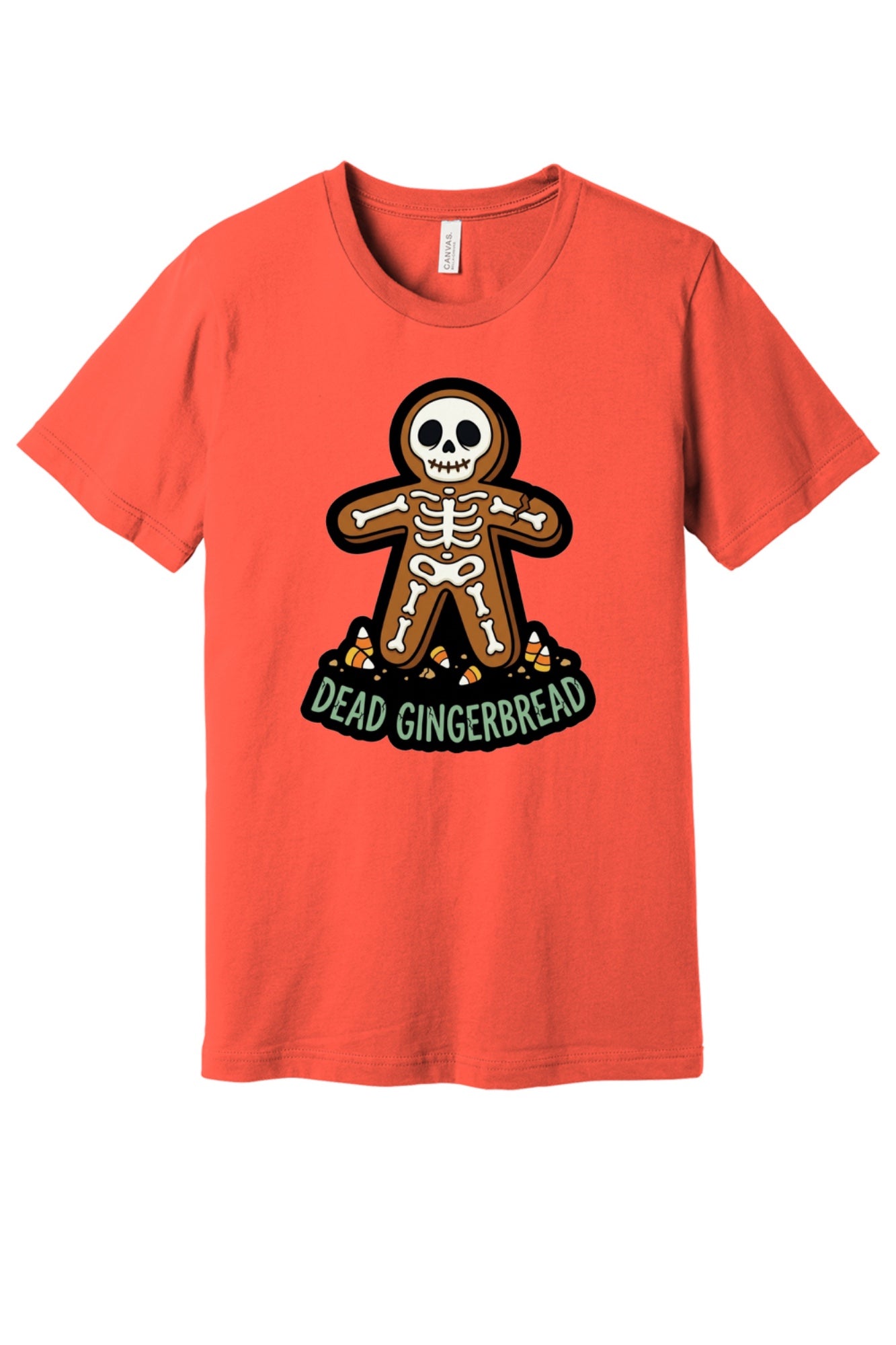 Dead Gingerbread skeleton cookie Halloween graphic tee with candy corn base, unisex short sleeve shirt in Coral
