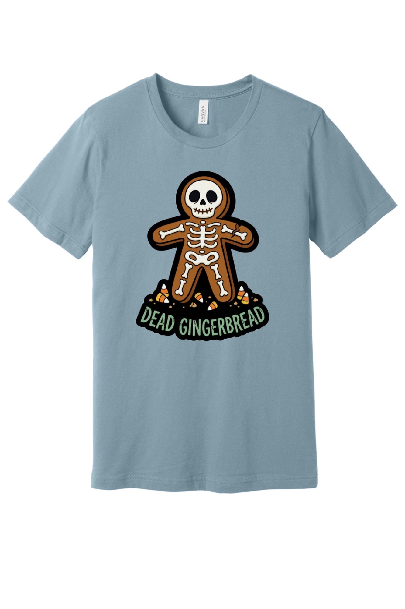 Dead Gingerbread skeleton cookie Halloween graphic tee with candy corn base, unisex short sleeve shirt in Denim