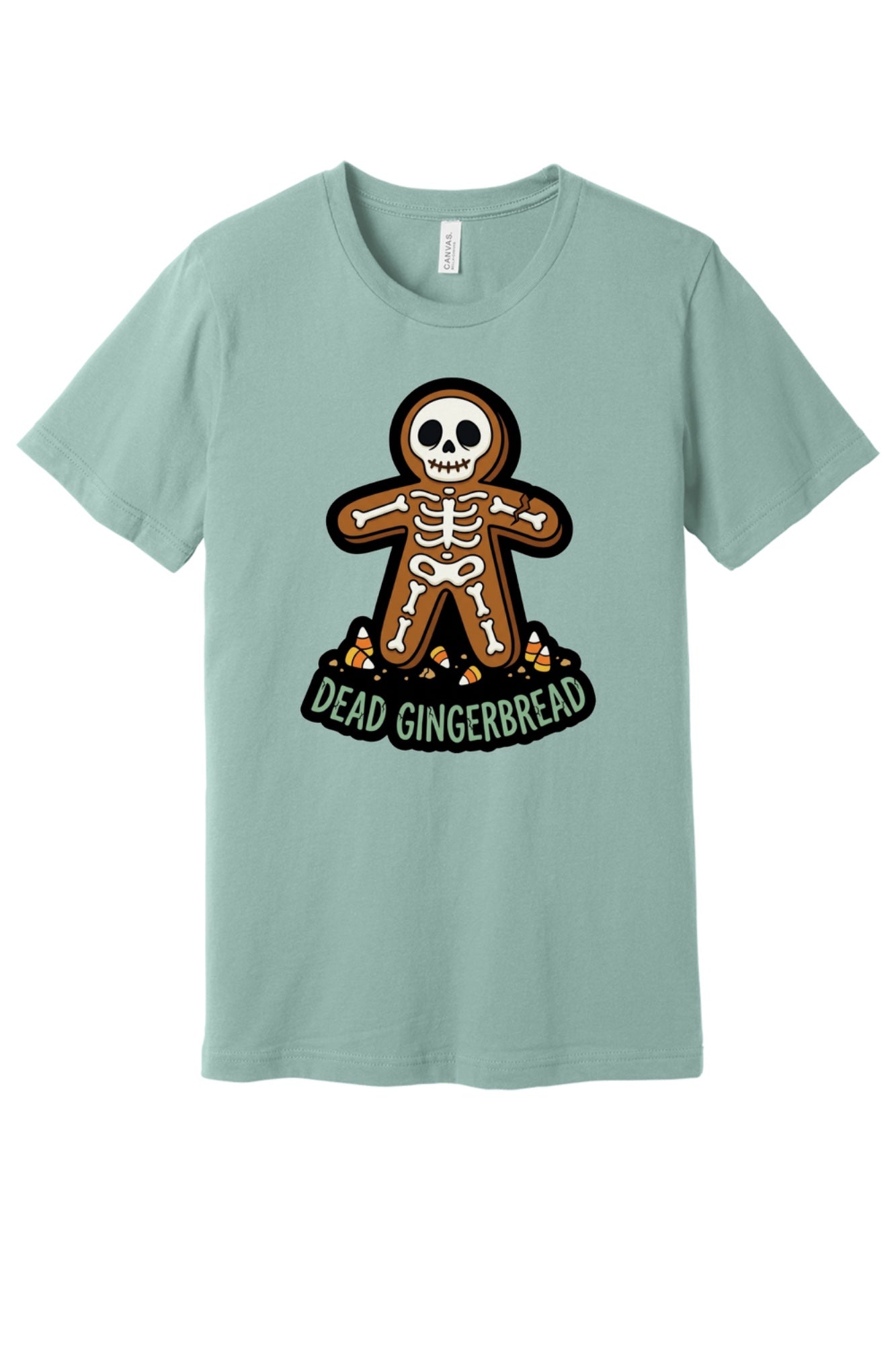 Dead Gingerbread skeleton cookie Halloween graphic tee with candy corn base, unisex short sleeve shirt in Dusty Blue