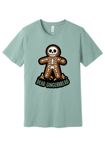 Dead Gingerbread skeleton cookie Halloween graphic tee with candy corn base, unisex short sleeve shirt in Dusty Blue