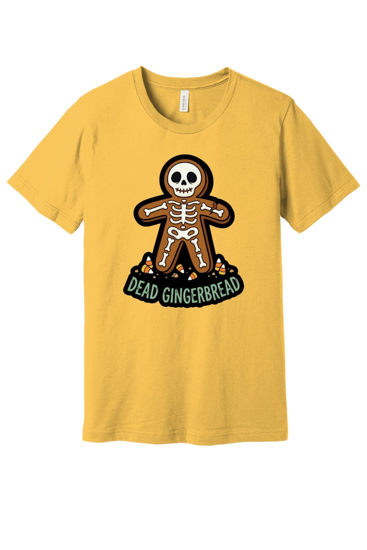 Dead Gingerbread skeleton cookie Halloween graphic tee with candy corn base, unisex short sleeve shirt in Maize Yellow