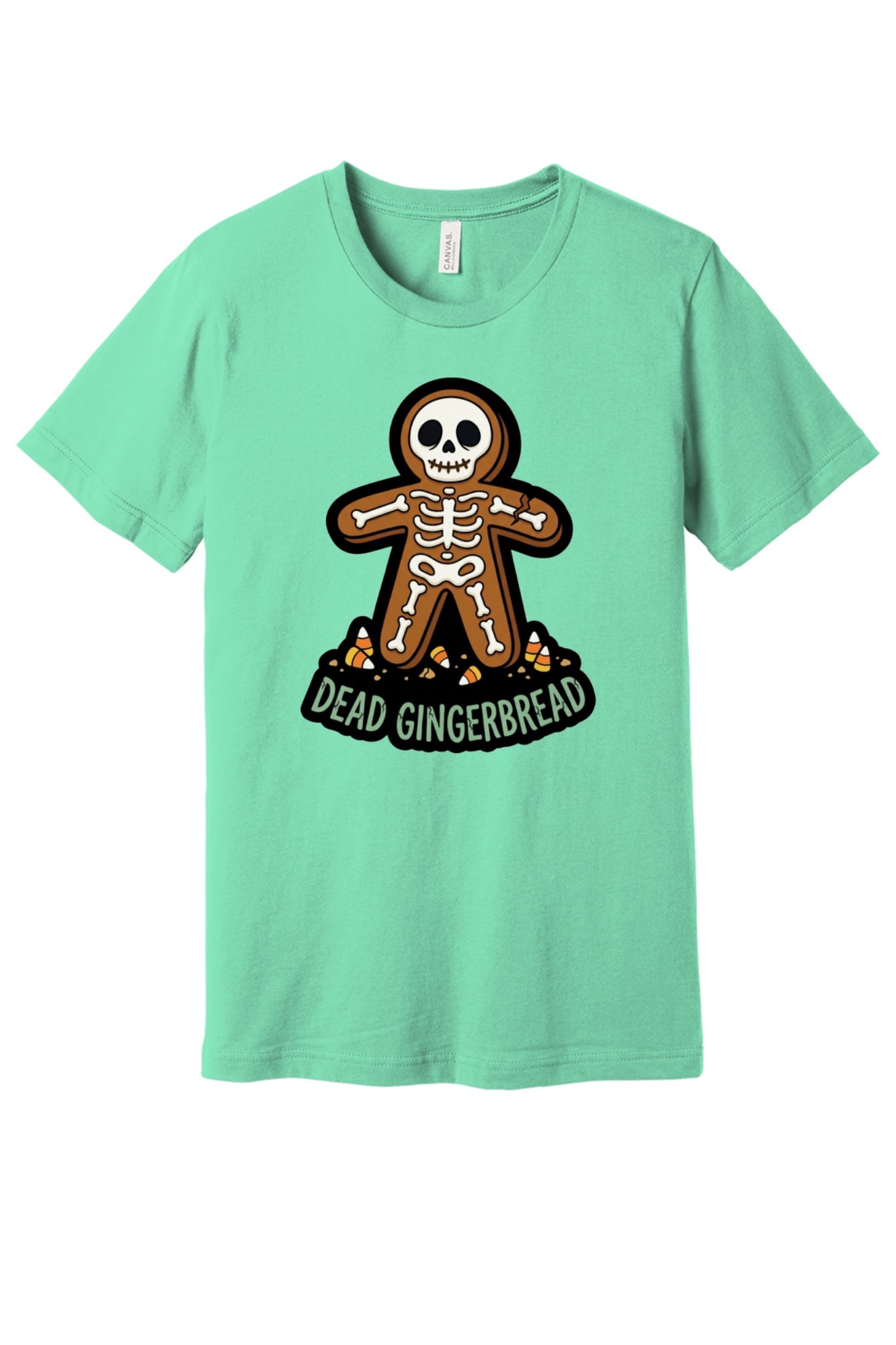 Dead Gingerbread skeleton cookie Halloween graphic tee with candy corn base, unisex short sleeve shirt in Mint