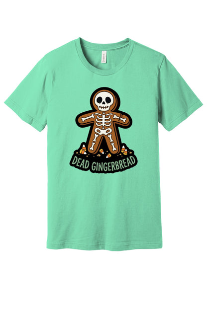 Dead Gingerbread skeleton cookie Halloween graphic tee with candy corn base, unisex short sleeve shirt in Mint