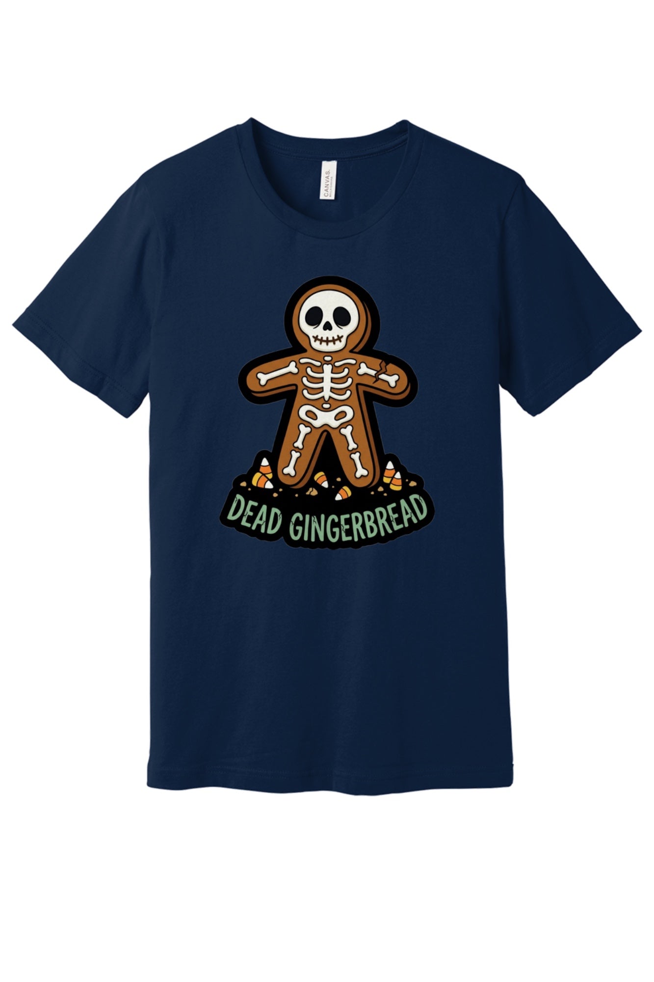 Dead Gingerbread skeleton cookie Halloween graphic tee with candy corn base, unisex short sleeve shirt in Navy