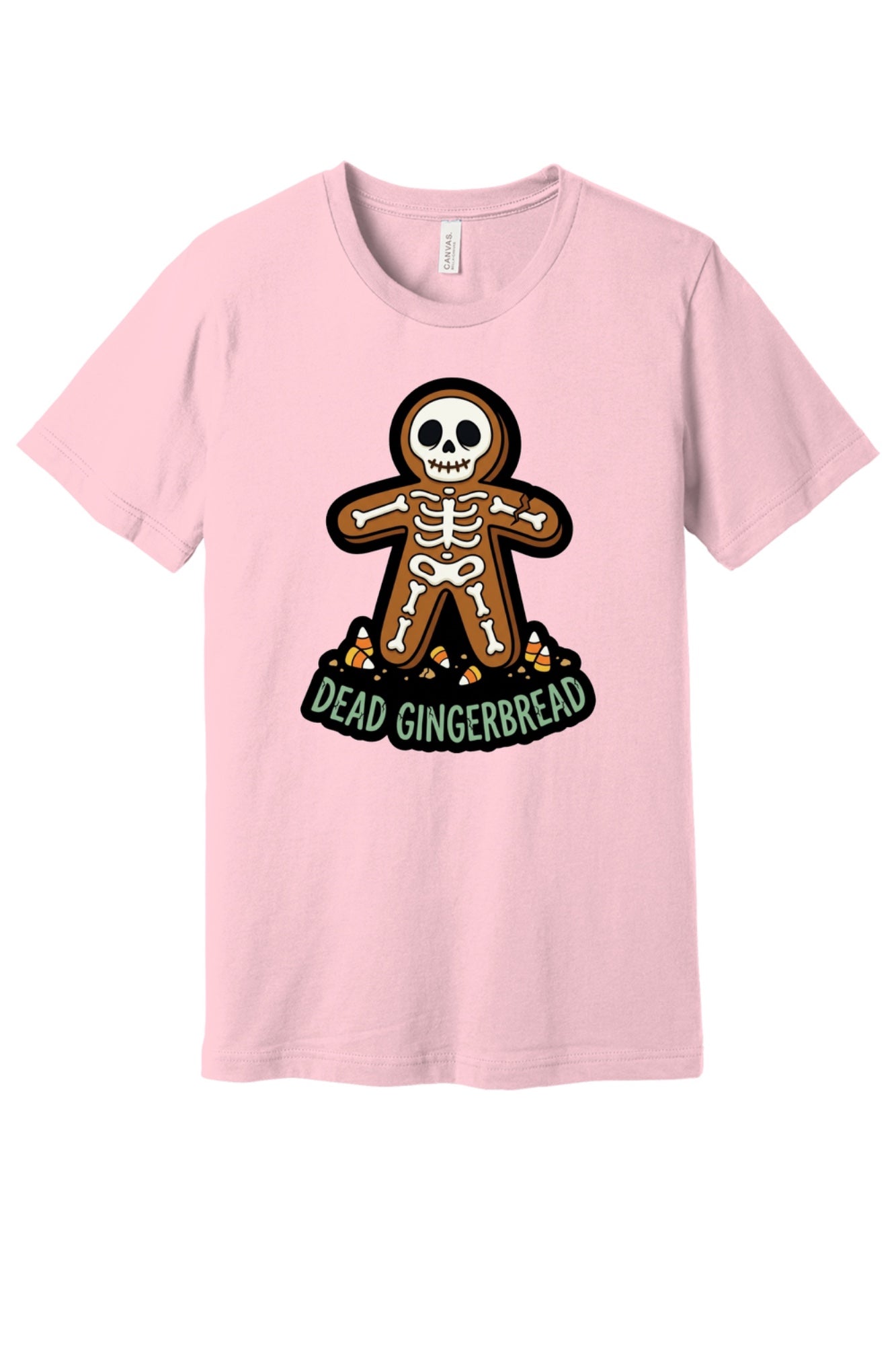 Dead Gingerbread skeleton cookie Halloween graphic tee with candy corn base, unisex short sleeve shirt in Pink