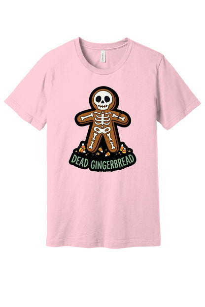 Dead Gingerbread skeleton cookie Halloween graphic tee with candy corn base, unisex short sleeve shirt in Pink