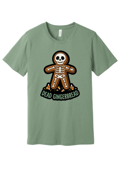 Dead Gingerbread skeleton cookie Halloween graphic tee with candy corn base, unisex short sleeve shirt in Sage