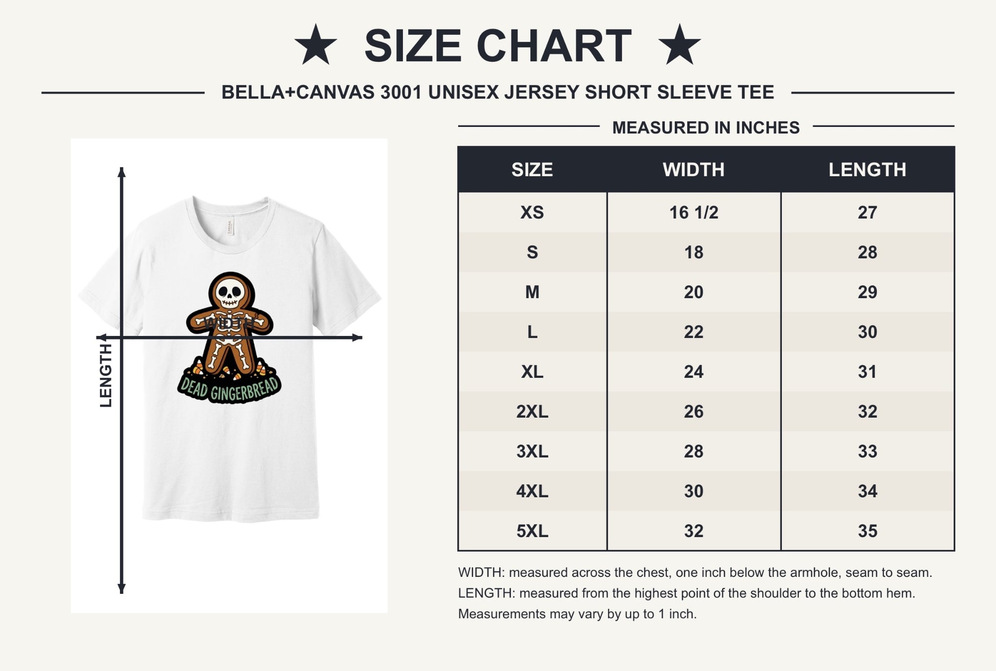 Dead Gingerbread skeleton cookie Halloween graphic tee with candy corn base, unisex short sleeve shirt - size chart