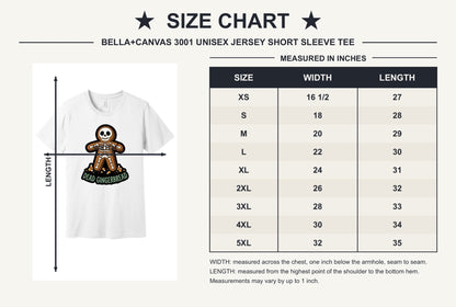 Dead Gingerbread skeleton cookie Halloween graphic tee with candy corn base, unisex short sleeve shirt - size chart