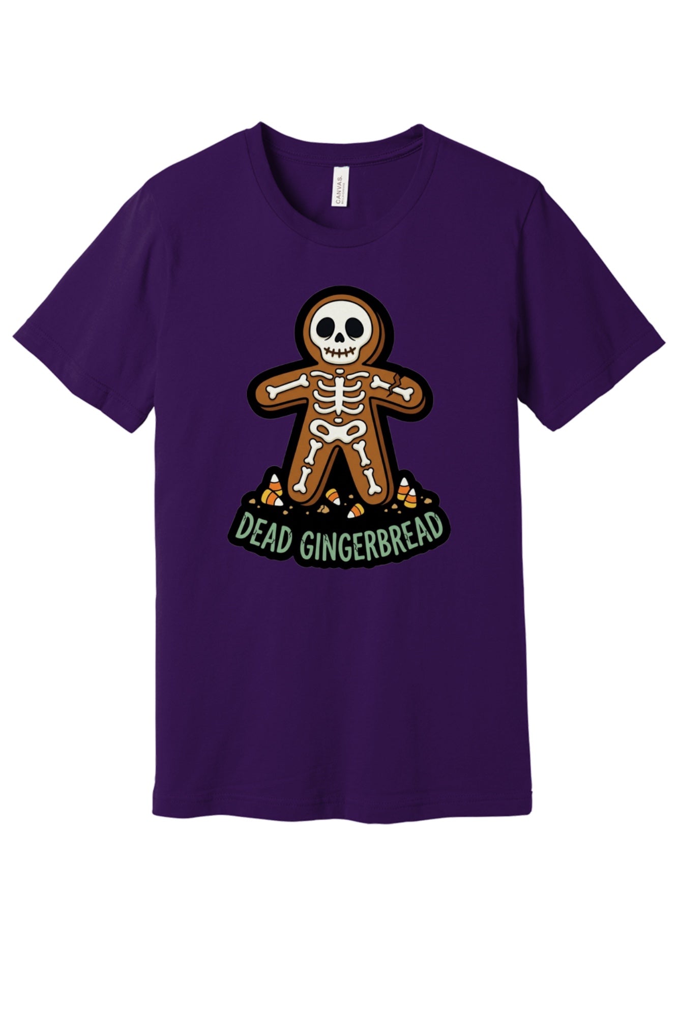 Dead Gingerbread skeleton cookie Halloween graphic tee with candy corn base, unisex short sleeve shirt in Team Purple