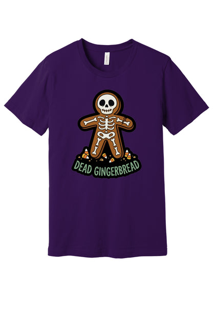 Dead Gingerbread skeleton cookie Halloween graphic tee with candy corn base, unisex short sleeve shirt in Team Purple