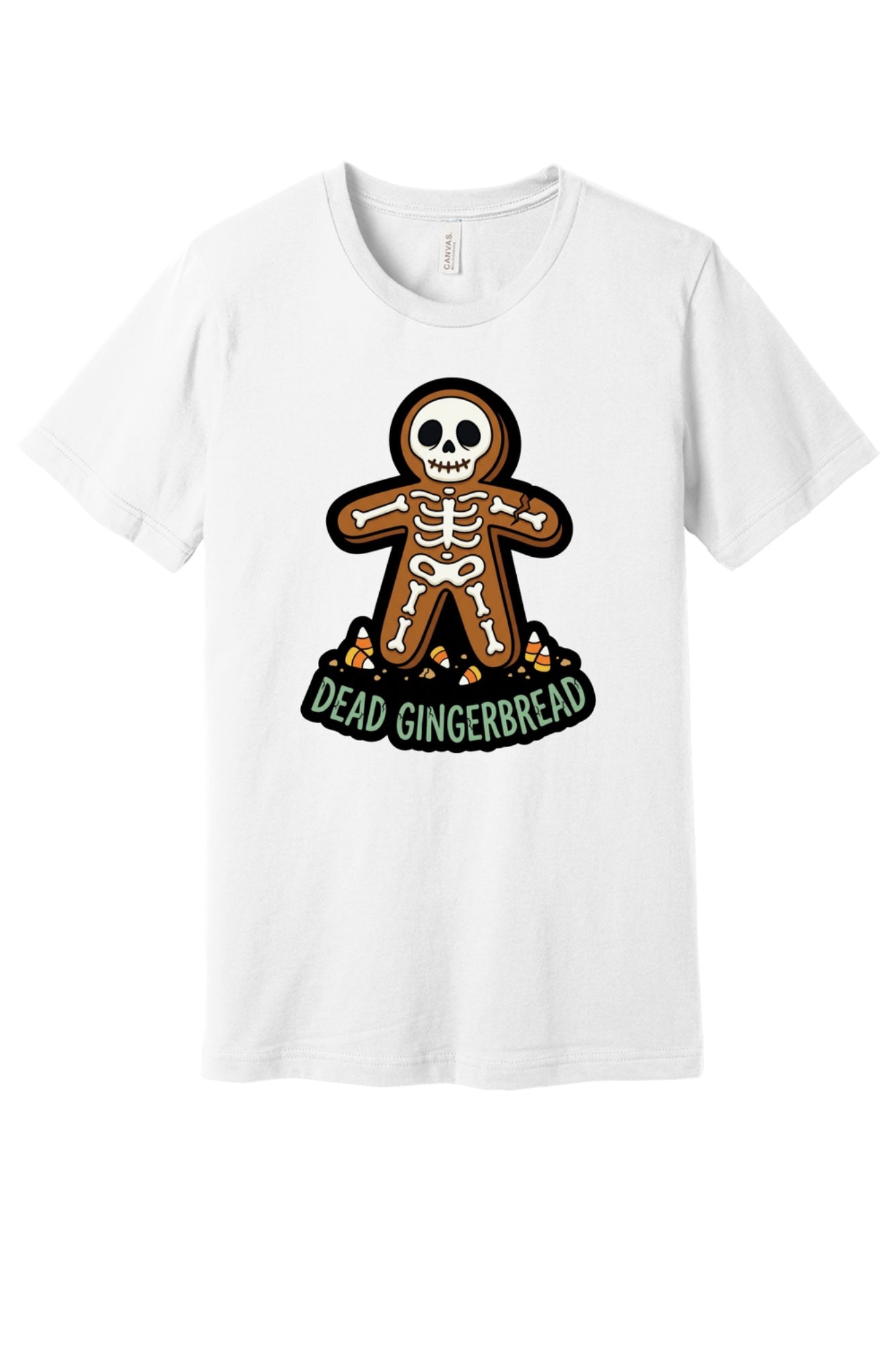 Dead Gingerbread skeleton cookie Halloween graphic tee with candy corn base, unisex short sleeve shirt in White