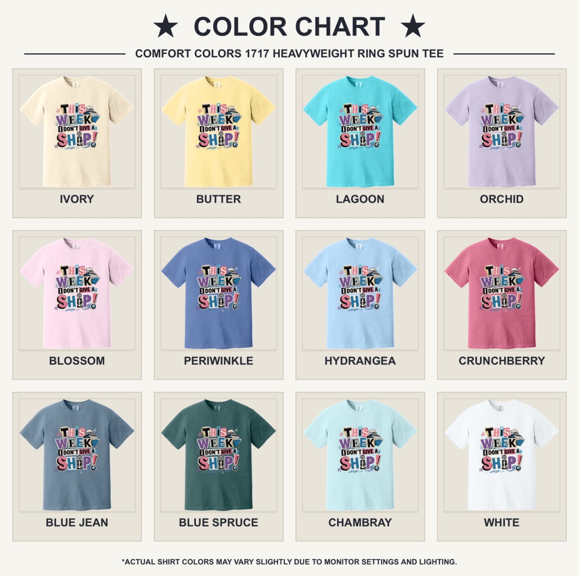 This Week I Dont Give a Ship funny cruise graphic tee with anchor ship wheel and cruise ship print - available shirt colors chart