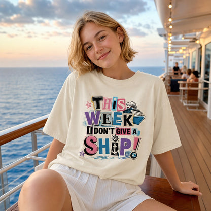 This Week I Dont Give a Ship funny cruise graphic tee with anchor ship wheel and cruise ship print, worn by a model