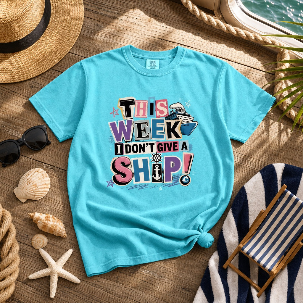 This Week I Dont Give a Ship funny cruise graphic tee with anchor ship wheel and cruise ship print, styled flat lay, no model
