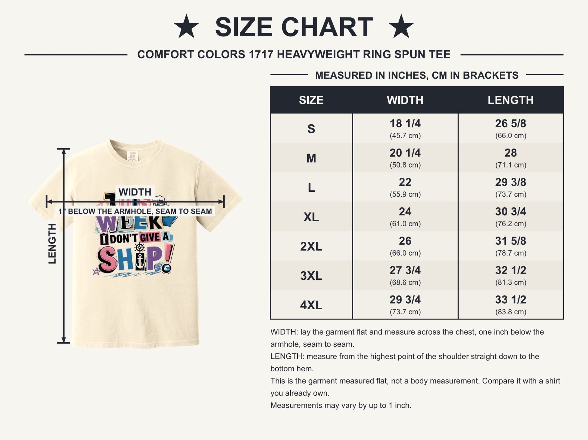 This Week I Dont Give a Ship funny cruise graphic tee with anchor ship wheel and cruise ship print - size chart