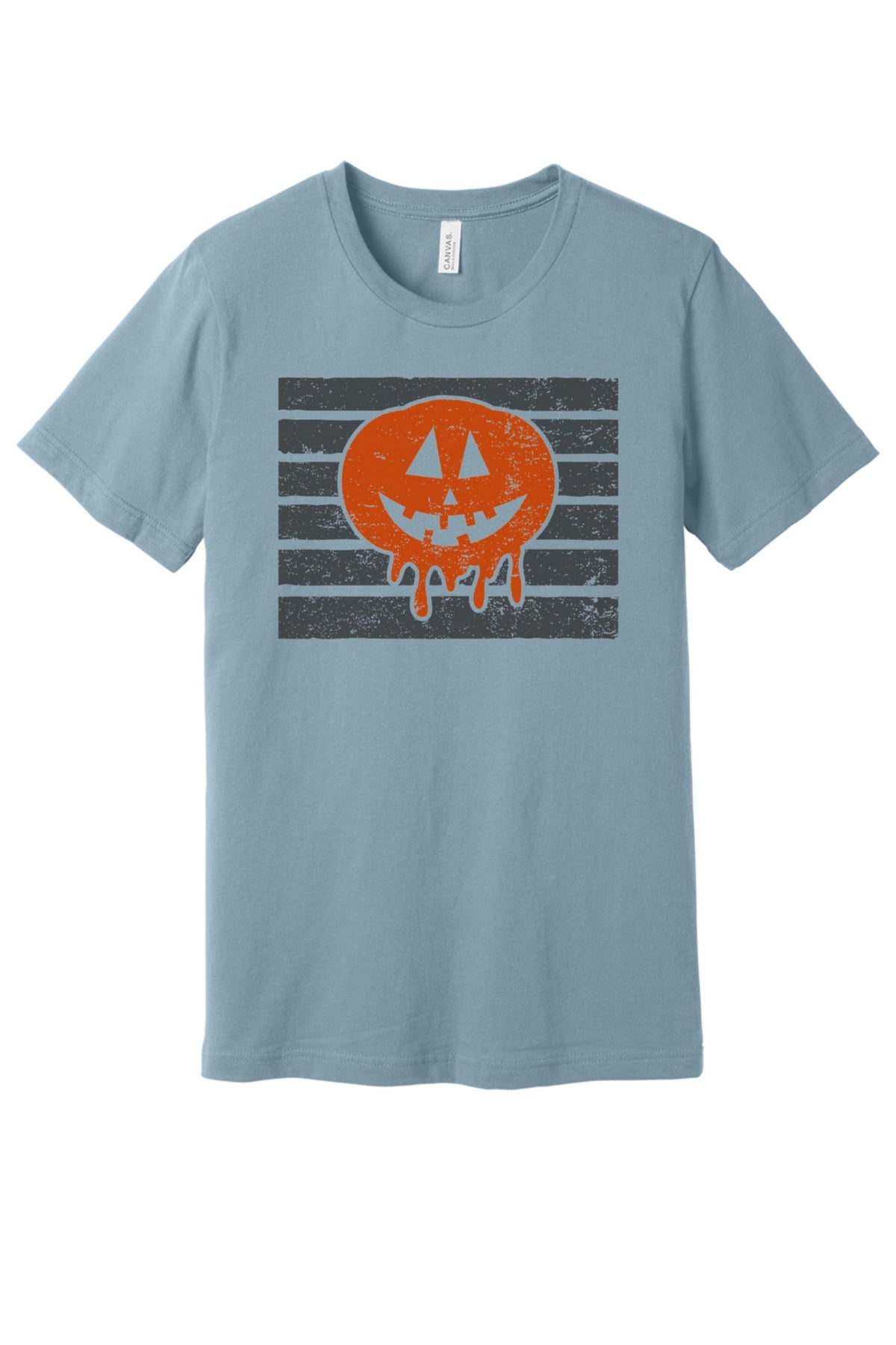 Dripping jack-o-lantern Halloween graphic tee with melting pumpkin face on black stripe print in Denim