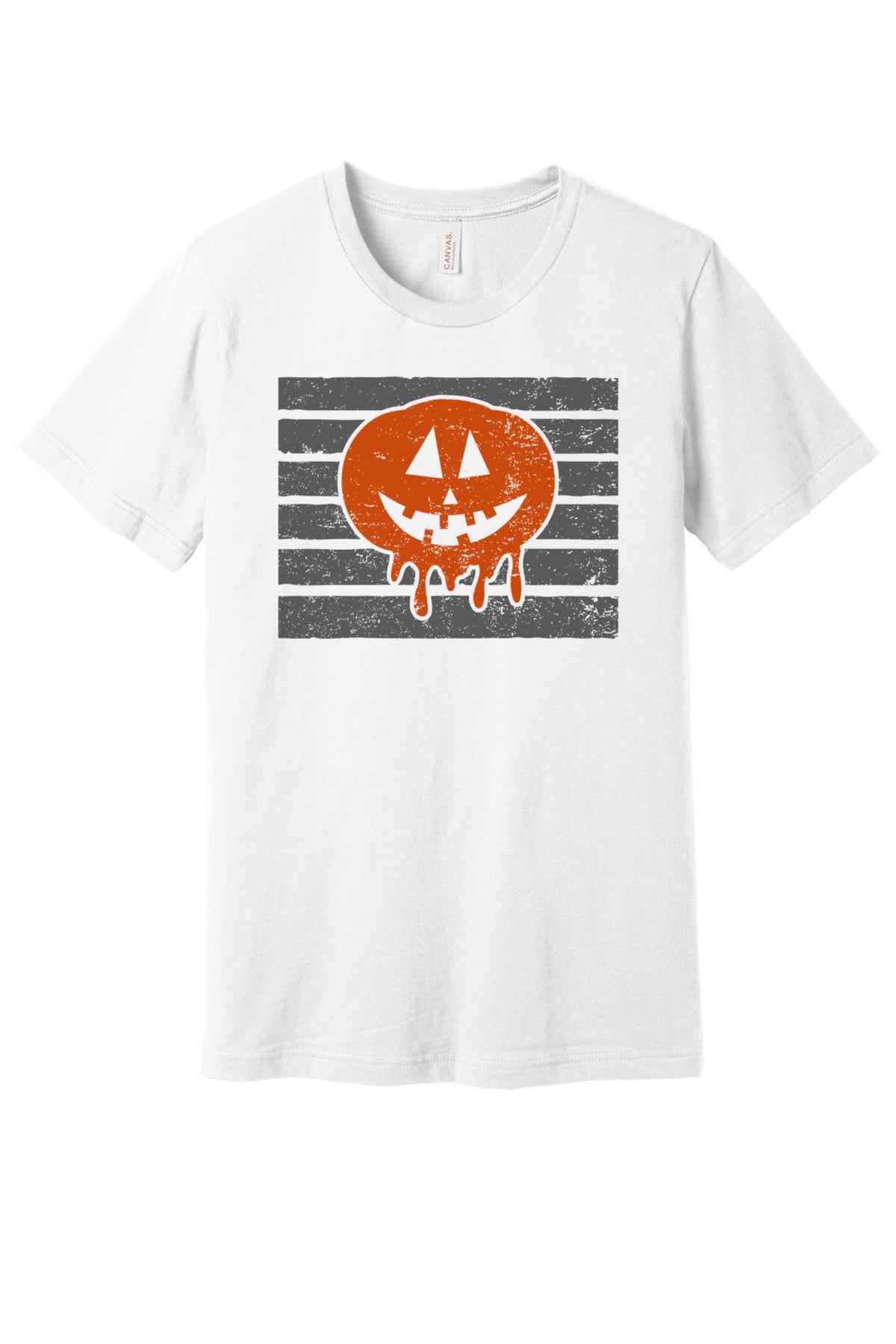 Dripping jack-o-lantern Halloween graphic tee with melting pumpkin face on black stripe print in White