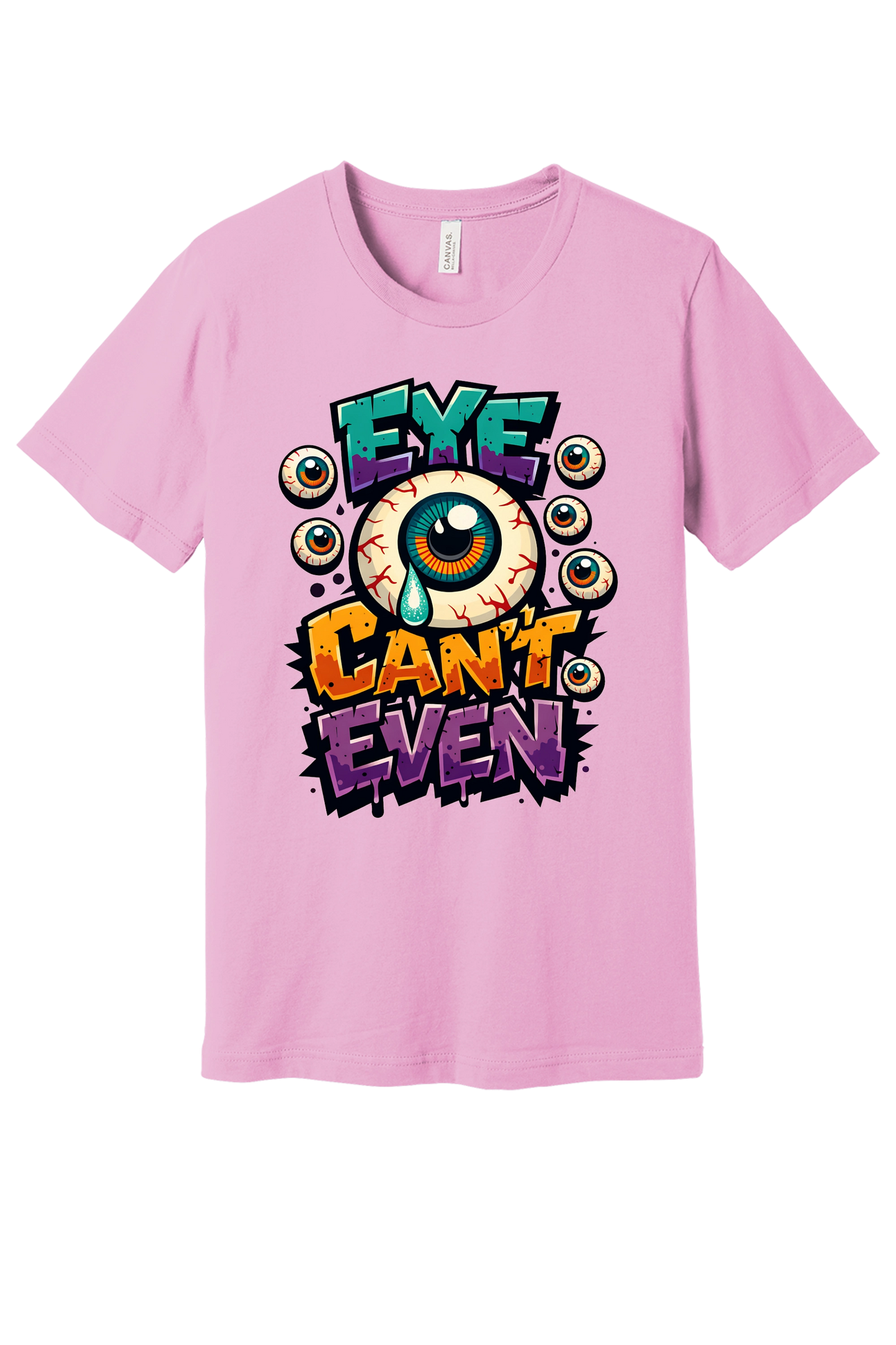 Eye Can't Even graffiti eyeball Halloween graphic printed on BELLA+CANVAS 3001 unisex tee in Lilac