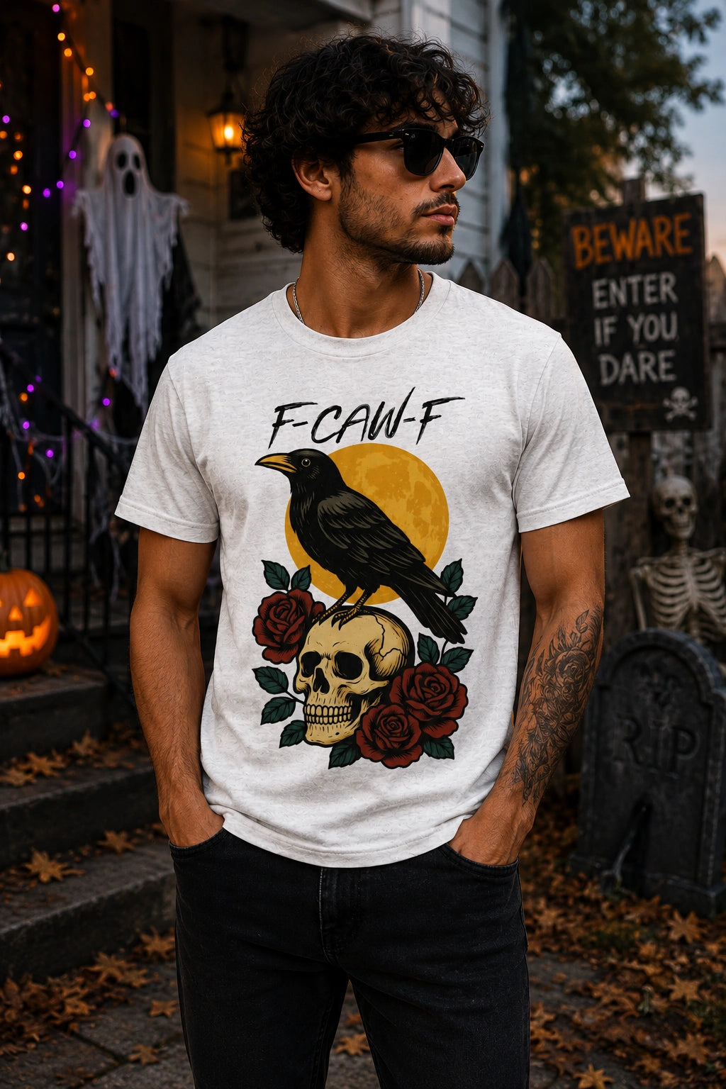 F-CAW-F Halloween Raven Skull Roses Unisex Tee
