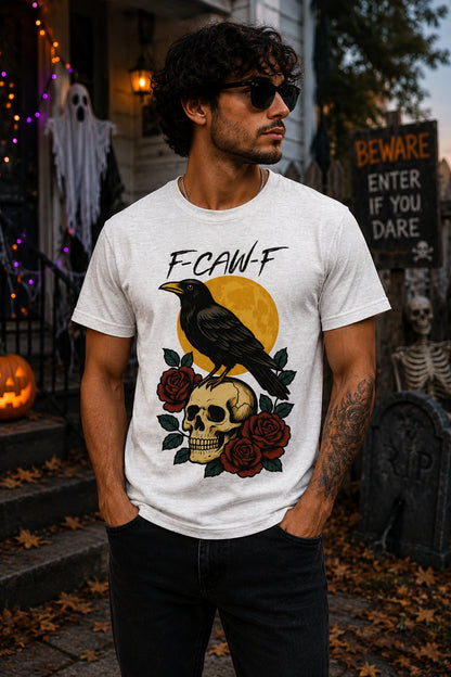 F-CAW-F Halloween Raven Skull Roses Unisex Tee