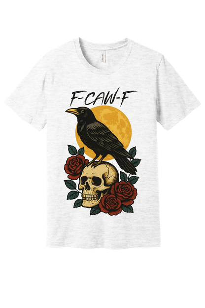 F-CAW-F raven skull roses Halloween graphic printed on Bella+Canvas 3001 unisex tee in Ash