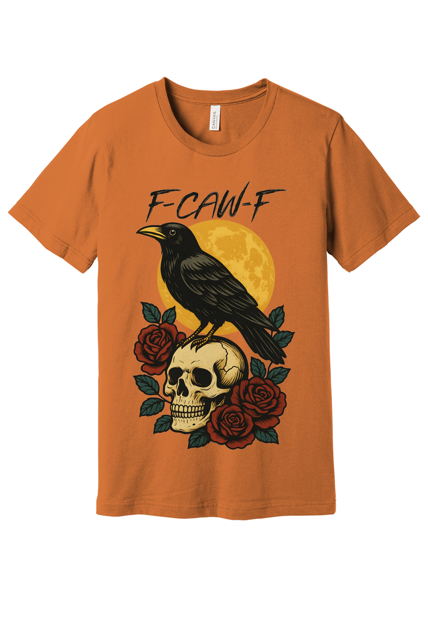 F-CAW-F raven skull roses Halloween graphic printed on Bella+Canvas 3001 unisex tee in Bc3001 Burntorange Flat Front