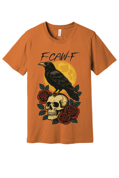 F-CAW-F raven skull roses Halloween graphic printed on Bella+Canvas 3001 unisex tee in Bc3001 Burntorange Flat Front