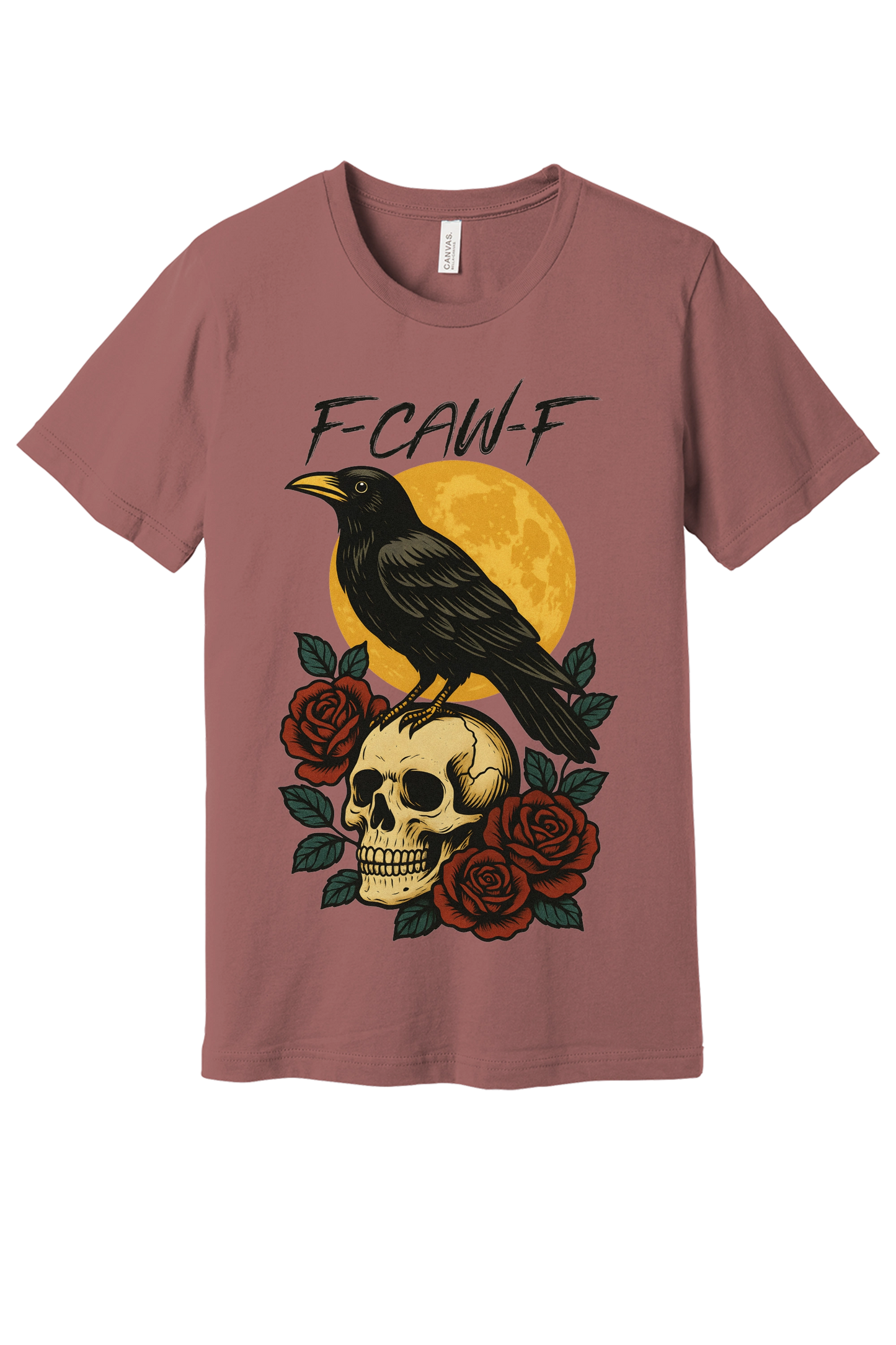 F-CAW-F raven skull roses Halloween graphic printed on Bella+Canvas 3001 unisex tee in Mauve