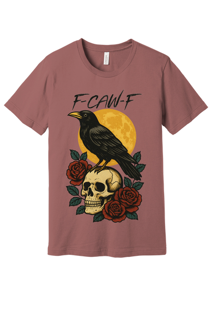 F-CAW-F raven skull roses Halloween graphic printed on Bella+Canvas 3001 unisex tee in Mauve