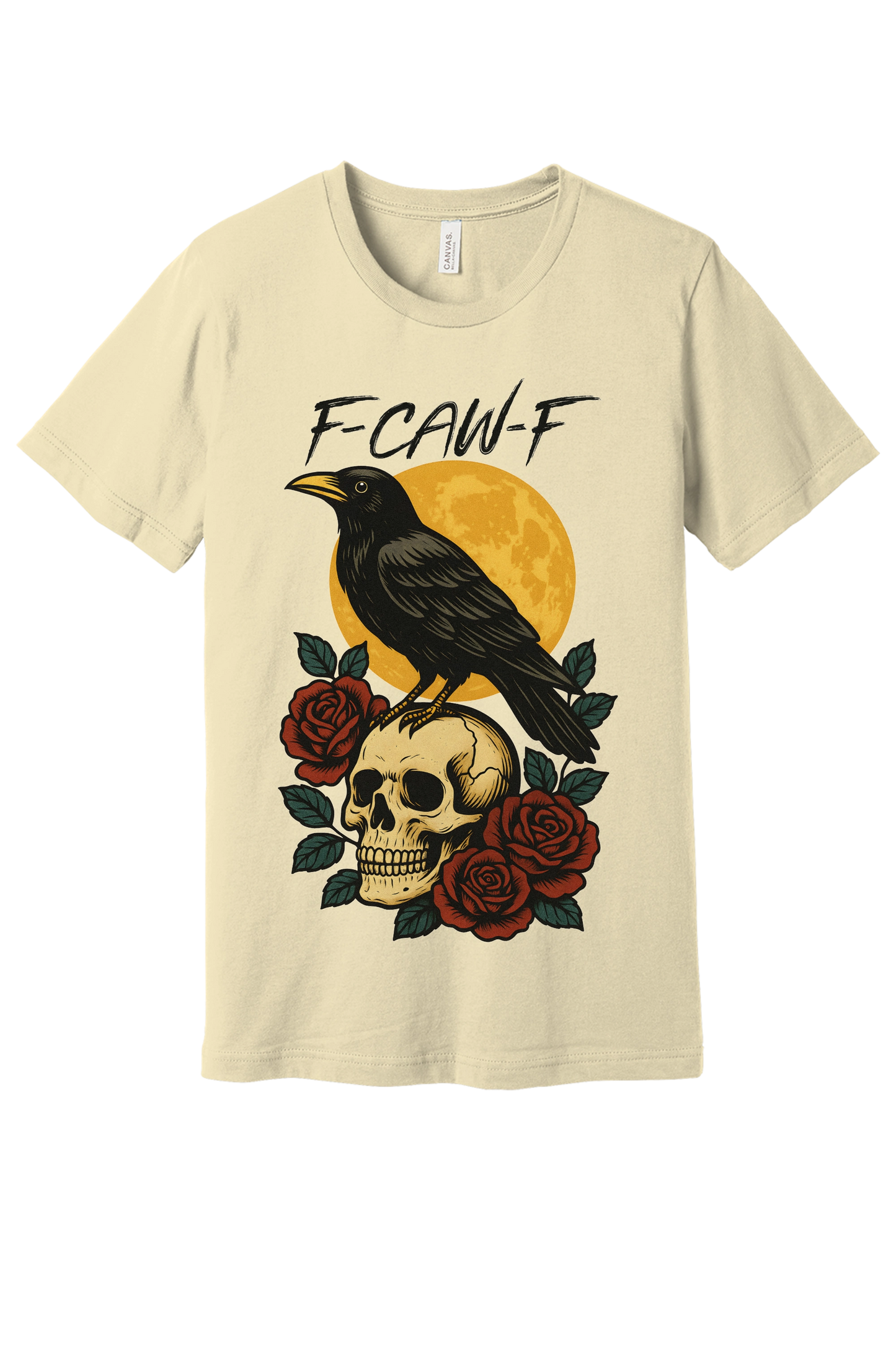 F-CAW-F raven skull roses Halloween graphic printed on Bella+Canvas 3001 unisex tee in Natural