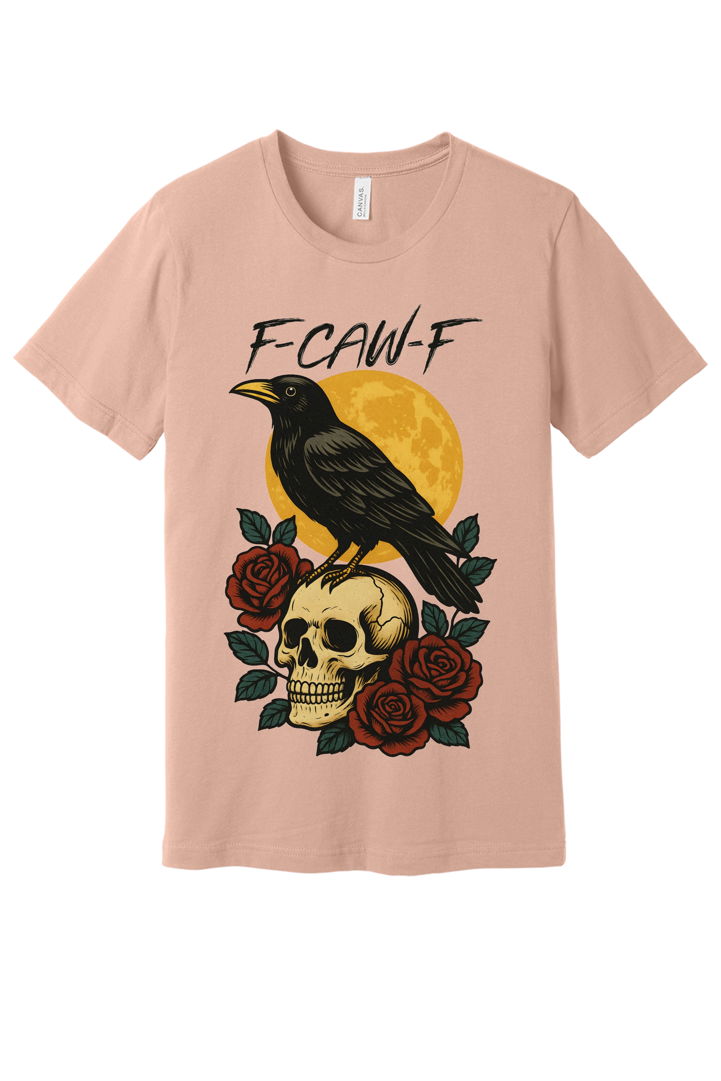 F-CAW-F raven skull roses Halloween graphic printed on Bella+Canvas 3001 unisex tee in Peach