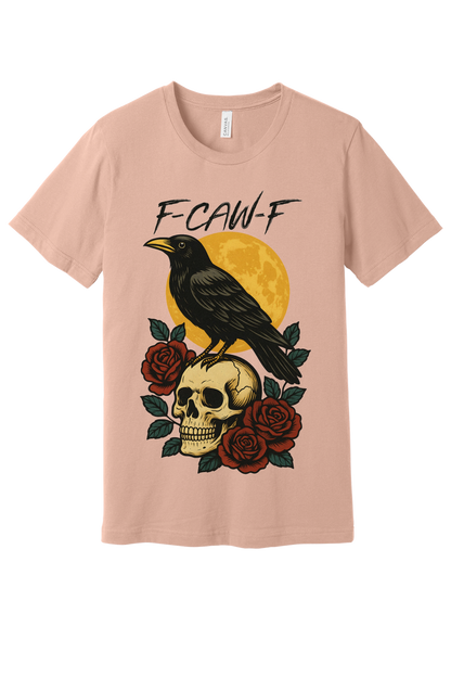 F-CAW-F raven skull roses Halloween graphic printed on Bella+Canvas 3001 unisex tee in Peach