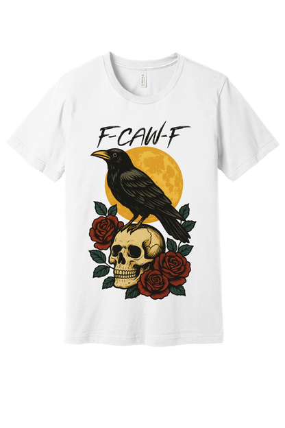 F-CAW-F raven skull roses Halloween graphic printed on Bella+Canvas 3001 unisex tee in White
