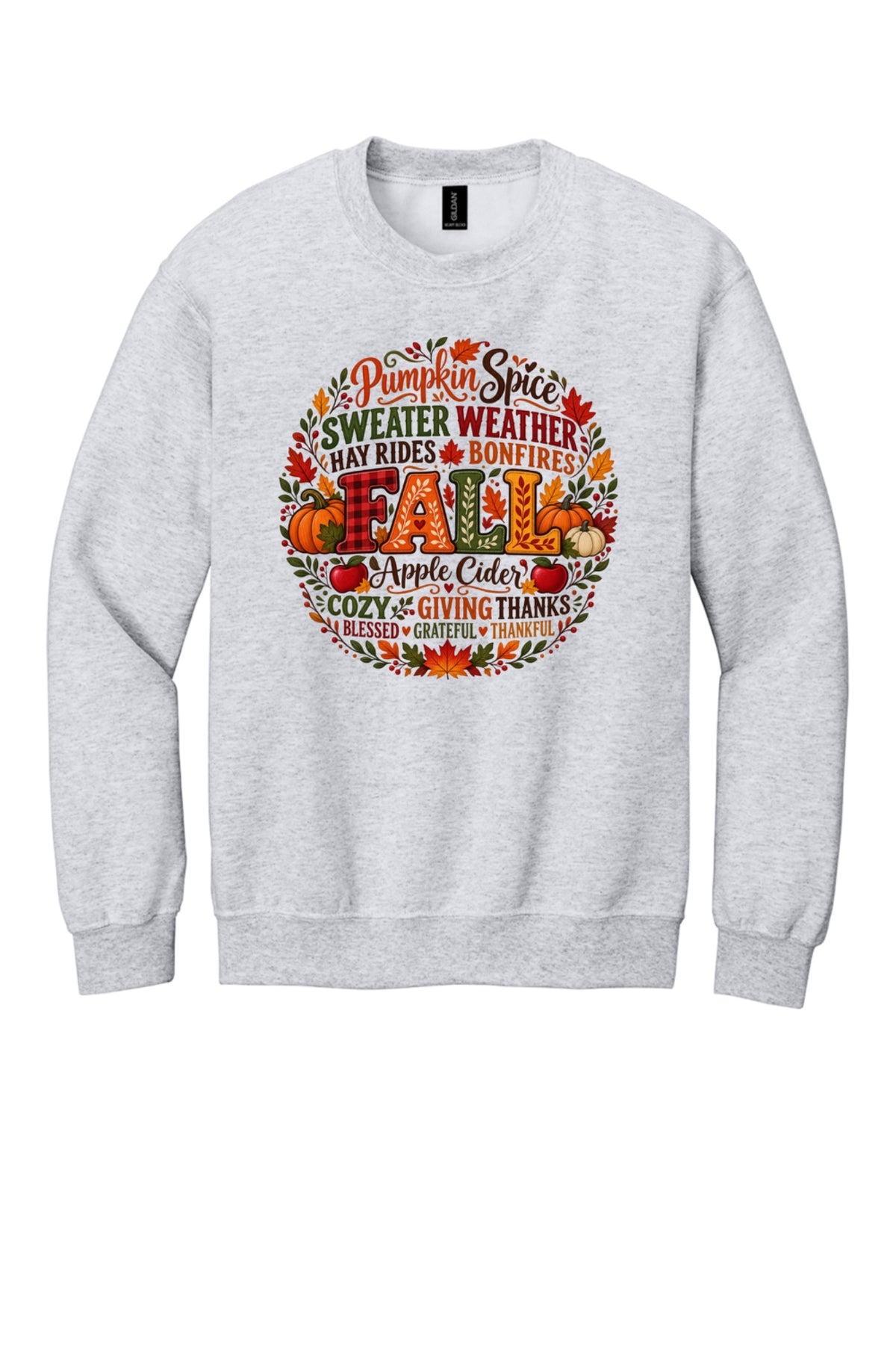 Pumpkin Spice Sweater Weather Fall crewneck sweatshirt with autumn typography wreath design, Thanksgiving in Ash