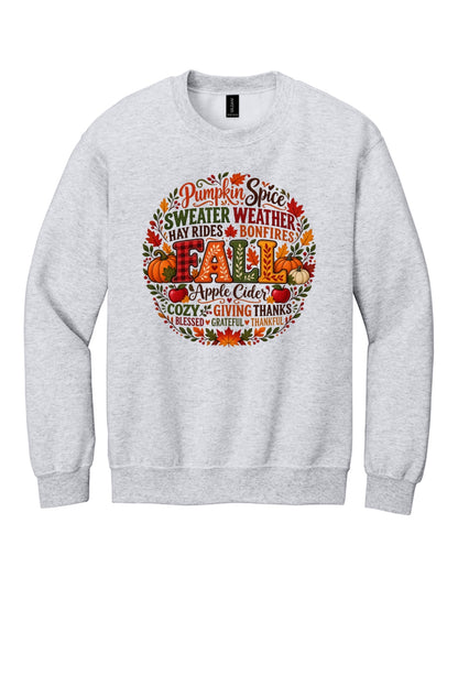 Pumpkin Spice Sweater Weather Fall crewneck sweatshirt with autumn typography wreath design, Thanksgiving in Ash