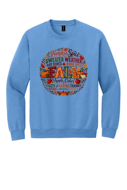 Pumpkin Spice Sweater Weather Fall crewneck sweatshirt with autumn typography wreath design, Thanksgiving in Carolina Blue
