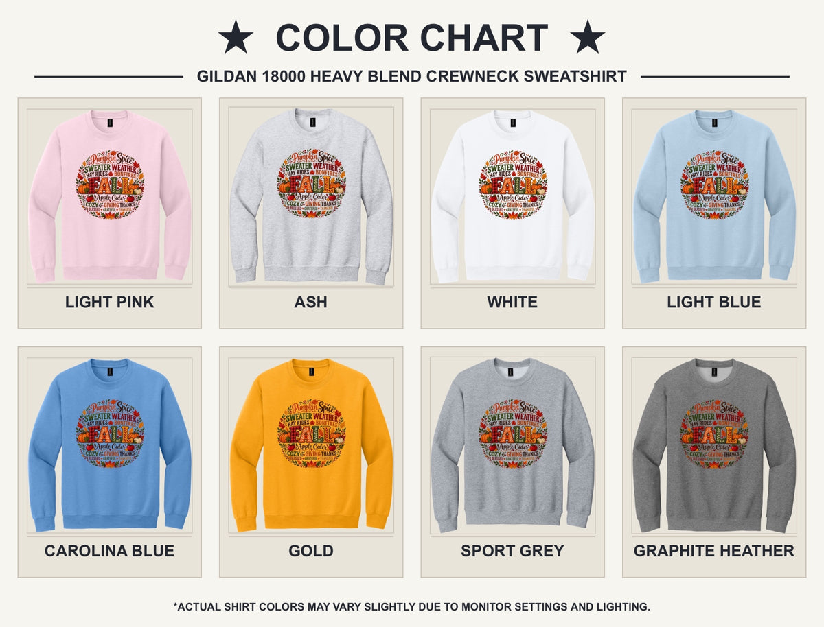 Pumpkin Spice Sweater Weather Fall crewneck sweatshirt with autumn typography wreath design, Thanksgiving - available shirt colors chart