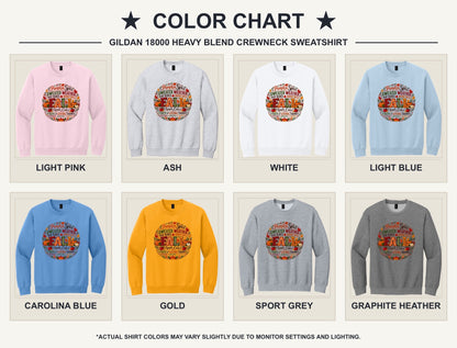 Pumpkin Spice Sweater Weather Fall crewneck sweatshirt with autumn typography wreath design, Thanksgiving - available shirt colors chart
