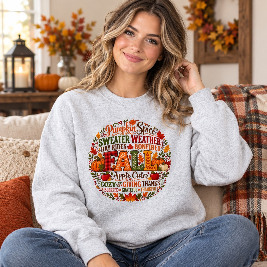 Pumpkin Spice Sweater Weather Fall crewneck sweatshirt with autumn typography wreath design, Thanksgiving, worn by a model