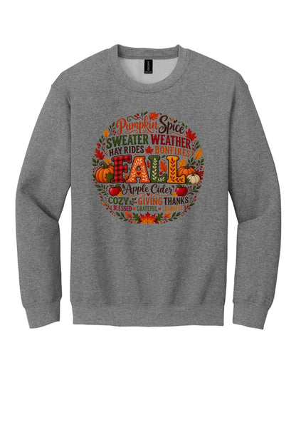 Pumpkin Spice Sweater Weather Fall crewneck sweatshirt with autumn typography wreath design, Thanksgiving in Graphite Heather
