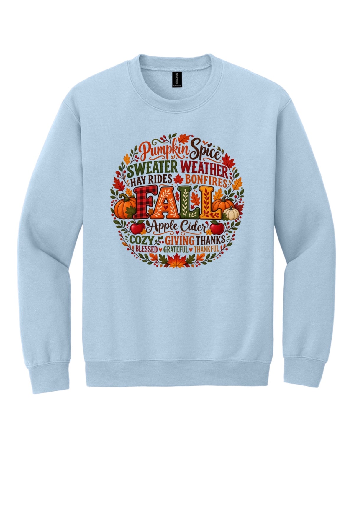 Pumpkin Spice Sweater Weather Fall crewneck sweatshirt with autumn typography wreath design, Thanksgiving in Light Blue