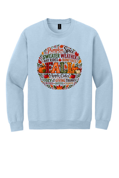Pumpkin Spice Sweater Weather Fall crewneck sweatshirt with autumn typography wreath design, Thanksgiving in Light Blue