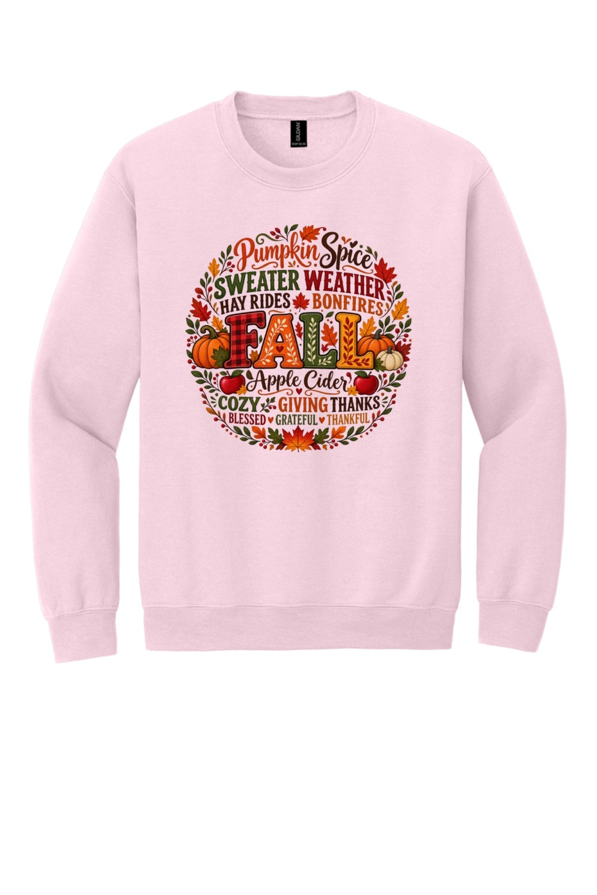 Pumpkin Spice Sweater Weather Fall crewneck sweatshirt with autumn typography wreath design, Thanksgiving in Light Pink