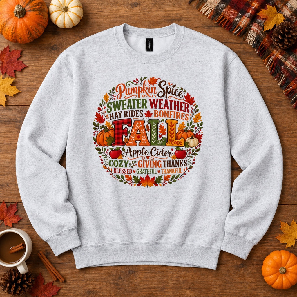 Pumpkin Spice Sweater Weather Fall crewneck sweatshirt with autumn typography wreath design, Thanksgiving, styled flat lay, no model