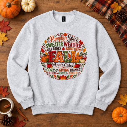 Pumpkin Spice Sweater Weather Fall crewneck sweatshirt with autumn typography wreath design, Thanksgiving, styled flat lay, no model