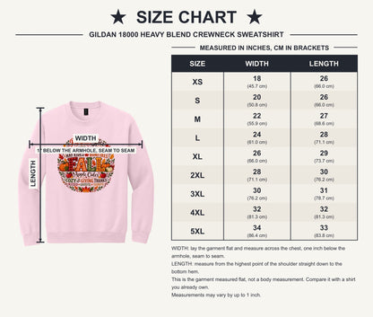 Pumpkin Spice Sweater Weather Fall crewneck sweatshirt with autumn typography wreath design, Thanksgiving - size chart