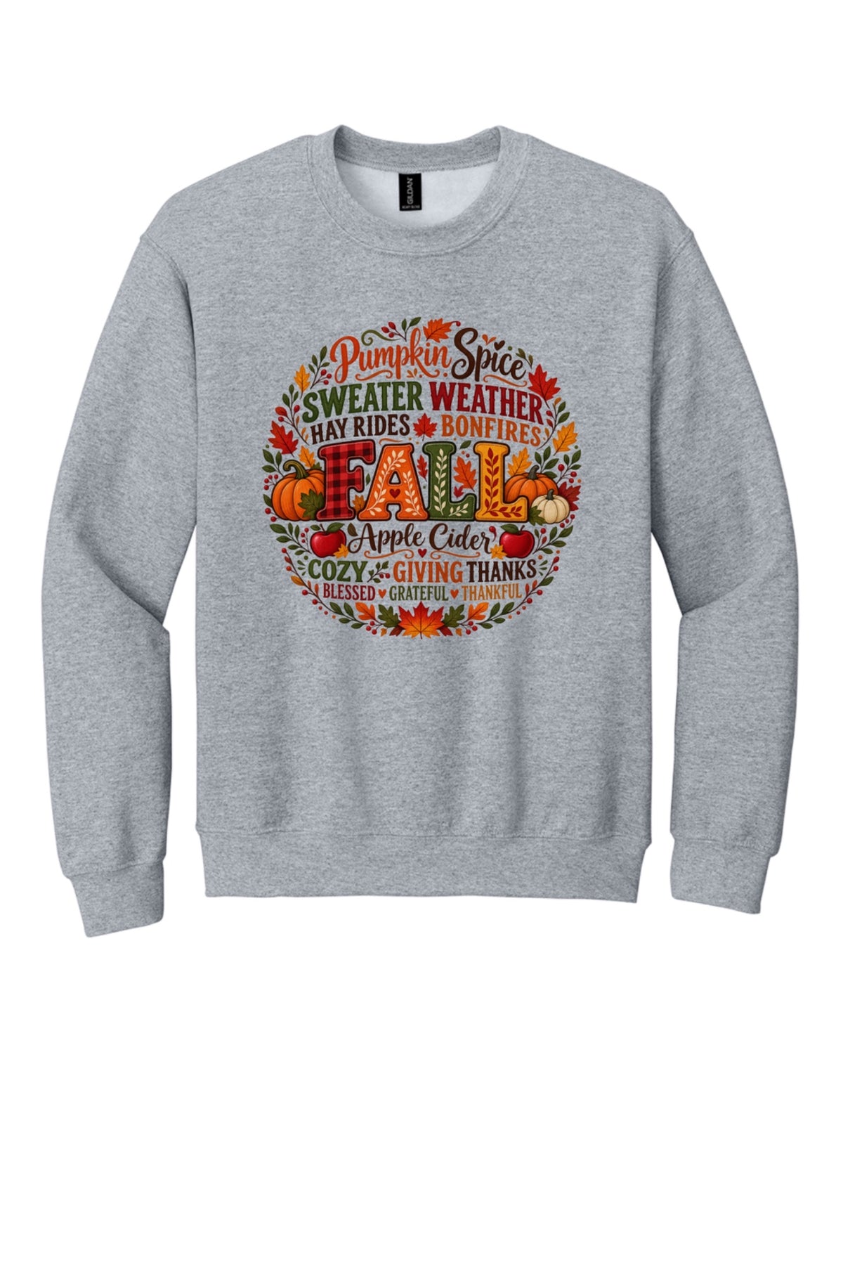 Pumpkin Spice Sweater Weather Fall crewneck sweatshirt with autumn typography wreath design, Thanksgiving in Sport Grey