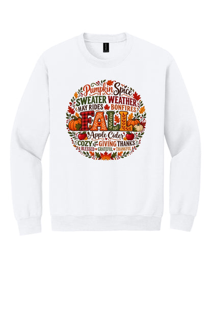 Pumpkin Spice Sweater Weather Fall crewneck sweatshirt with autumn typography wreath design, Thanksgiving in White