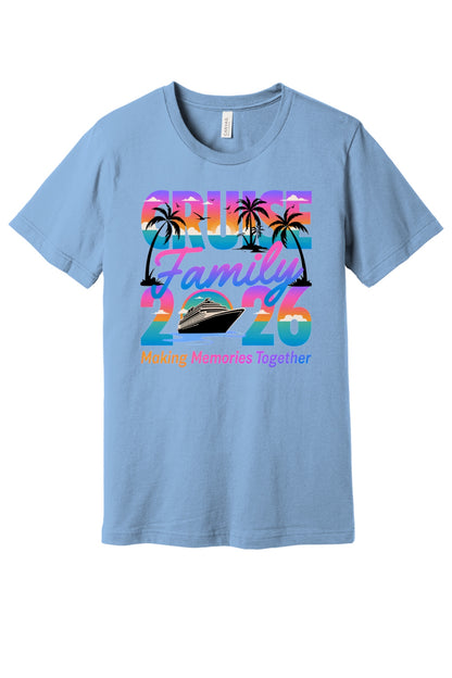 Family Cruise 2026 Making Memories Together DTF printed BELLA+CANVAS 3001 unisex tee with tropical sunset design in Baby Blue